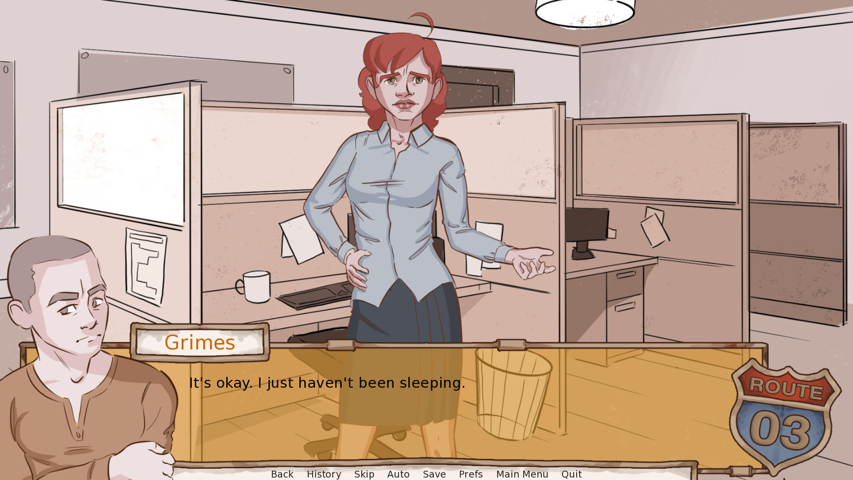 A feminine figure stands in the background. A masculine character sits beside a text box. 'Grimes' says 'It's okay, I just haven't been sleeping.'